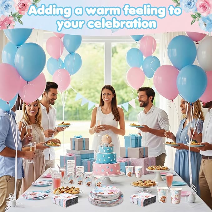 Funnymoom 250 Pcs Bear Gender Reveal Paper Plates and Napkins Party Supplies Bear He or She Blue Pink Disposable Tableware Set for Boy Or Girl Gender Reveal Baby Shower Party Decoration