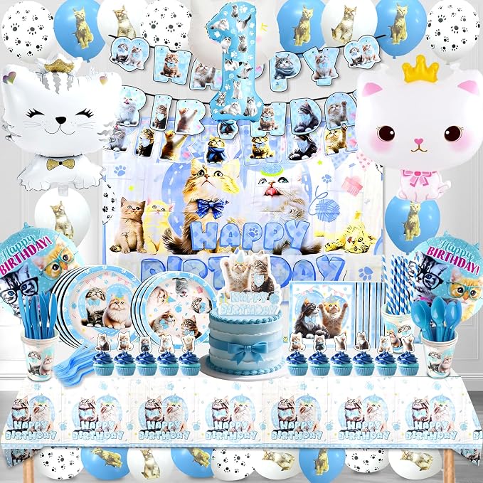 142Pcs Cat Birthday Decorations,Cat 1st Birthday Party Supplies, Cat Birthday Party Decorations Include Plates Cups Napkins Tablecloth Balloons Cake Toppers for 10 Guests