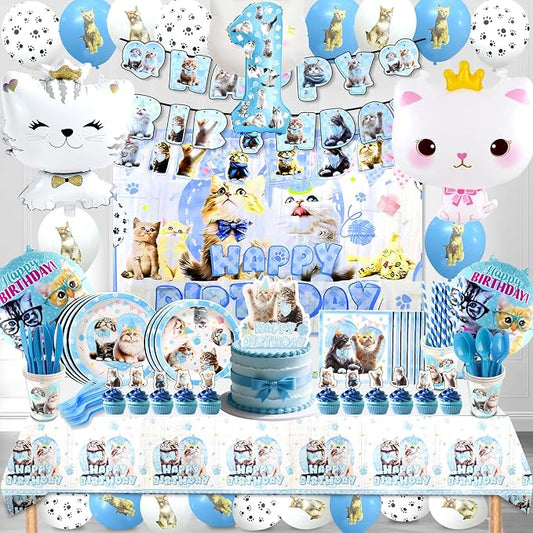 142Pcs Cat Birthday Decorations,Cat 1st Birthday Party Supplies, Cat Birthday Party Decorations Include Plates Cups Napkins Tablecloth Balloons Cake Toppers for 10 Guests