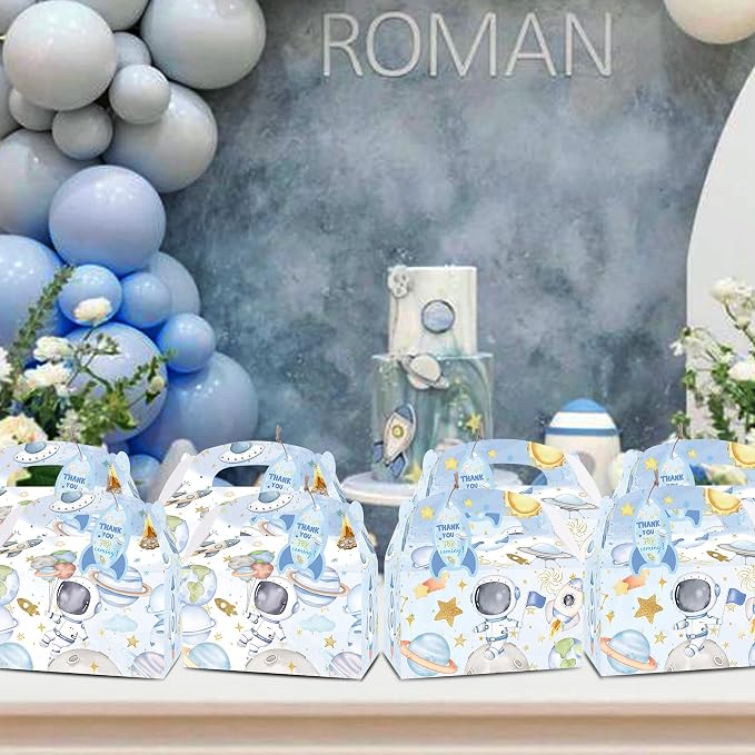 HAPPARTY 24PCS Blue Space Astronaut Party Favor Gift Boxes for Boy With Thank You Tags, First Trip Around the Sun Candy Treat Goodie Bags Boxes for Boy Birthday Baby Shower Decorations