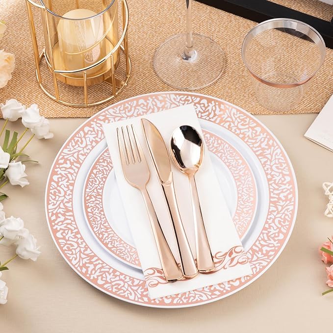 Bestluck 700PCS Rose Gold Plastic Dinnerware Set for 100 Guests, Disposable Plates for Party, Wedding, Include 100 Rose Dinner Plates, 100 Dessert Plates, 100 Set Silverware, 100 Cups, 100 Napkins