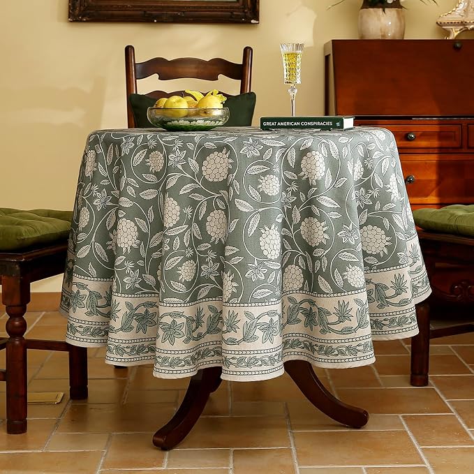 ISAENNE Designer Linen Green Round Tablecloth,Diameter 55"-Andrew A | Vintage Elegant French Beautiful Decor Table Cloth,Floral Pattern,Heavyweight,Dining Room,Tea Party,Kitchen,Thanksgiving
