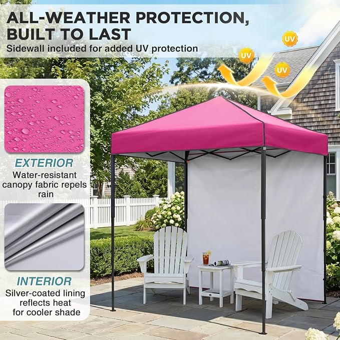 EAGLE PEAK 6x4 Instant Pop Up Canopy Tent with 1 Side Wall Panel, Straight Leg Sun Shelter, Portable Canopy with Carry Bag for Camping, Beach & Sports, Pink
