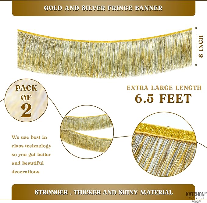 KatchOn, Silver and Gold Fringe Banner Garland - 6.5 Feet, Pack of 2 | Gold Fringe Garland for Golden Birthday Decorations Golden, Silver Streamers for Prom Graduation Decorations 2026