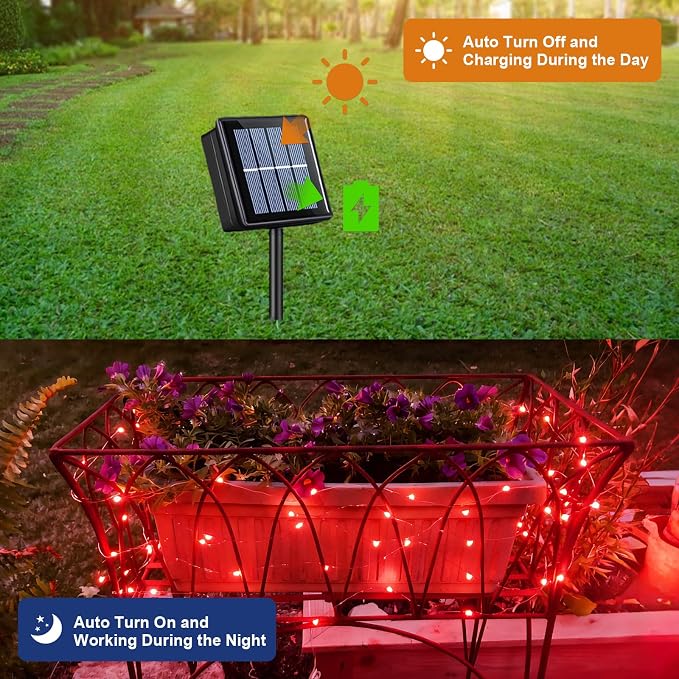 QITONG 4 Pack Solar Fairy Lights, Each 33ft 100 LED Red Halloween String Light Outdoor Waterproof, 8 Modes Silver Wire Christmas Twinkle Mini Lights