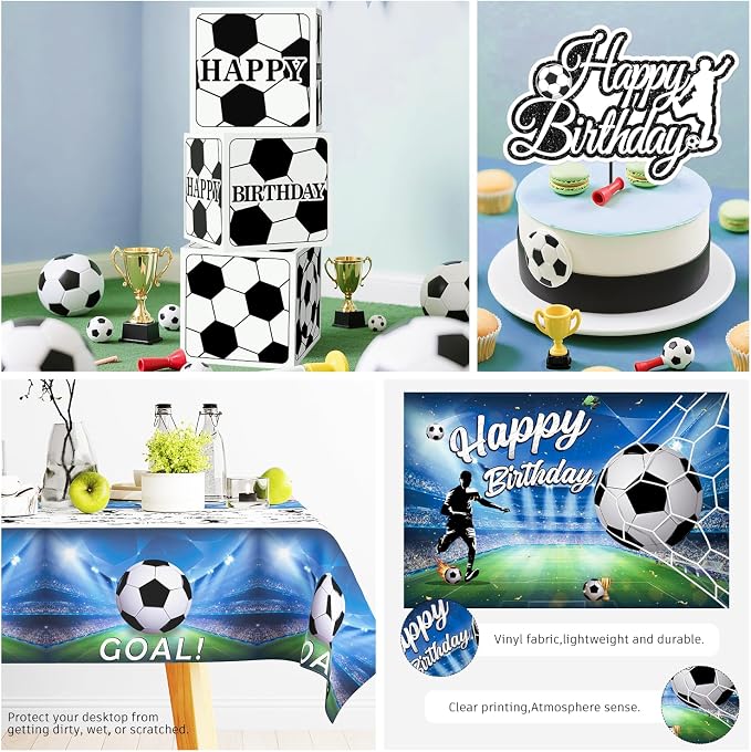 Soccer Birthday Party Decorations, All-in-1 Supplies Pack, Includes Plates and Napkins, Backdrop, Tablecloth, Balloon Kit for Blue Soccer Theme Party Decorations