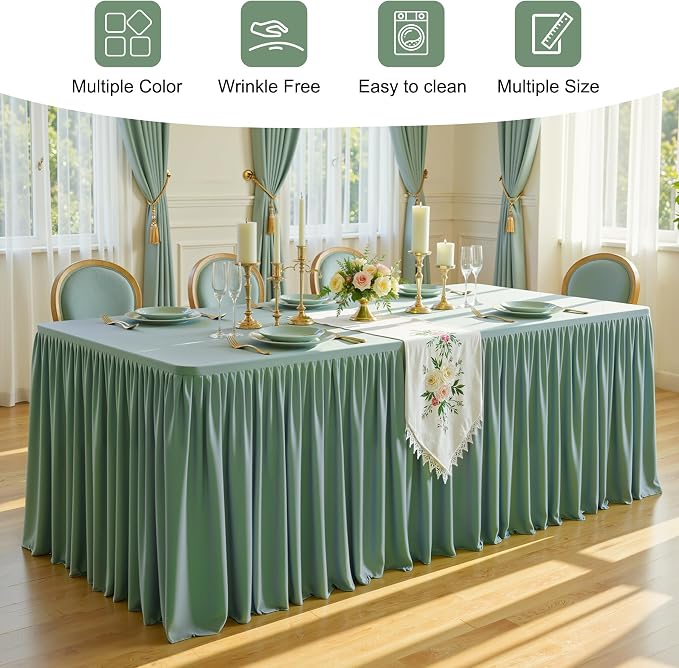 2 Packs Sage Green Tableclothes for 4 Foot Rectangle Tables, Wrinkle Free Fitted Table Cloth 4ft Stretch Table Cover with Skirt for Parties Weddings Birthday Banquet Baby Shower