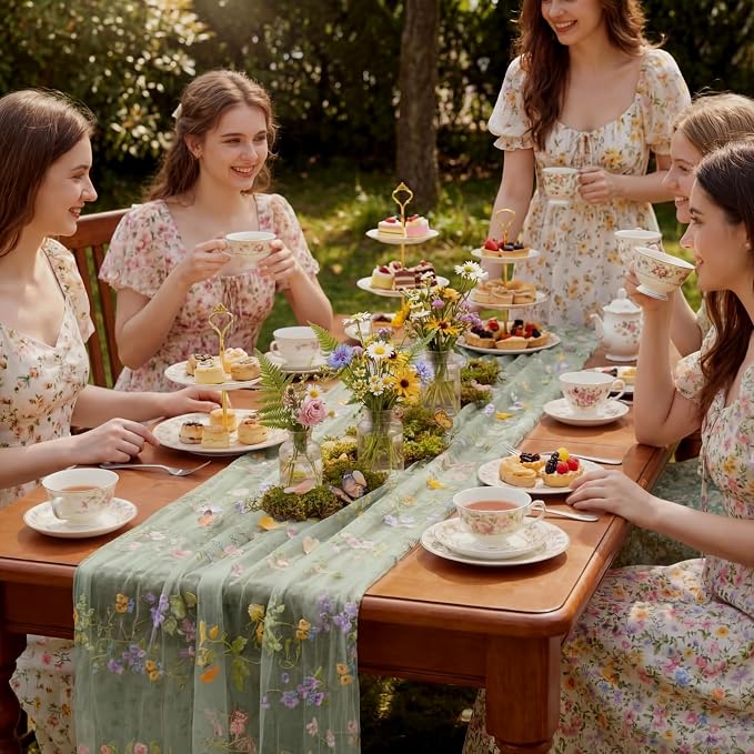 Sage Green Floral Table Runner 10ft Embroidery Tulle Spring Wildflower Table Runner Seasonal Summer Butterfly Kitchen Dining Gauze Decoration for Wedding Baby Shower Birthday Party (1 Pcs)