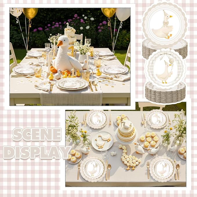 Zhehao 350 Pcs One Silly Goose Birthday Party Tableware Set Beige Bow Scalloped Baby Shower Plates Cup Napkins Forks for Birthday Party Decorations Supplies for 50 Guests