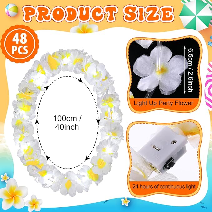 Sherr 48 Pcs LED Hawaiian Leis Light up Flower Leis Necklace with LED Lights Luau Flowers Necklaces for Masquerade Beach Wedding Tropical Themed Party Supplies(White with Yellow)