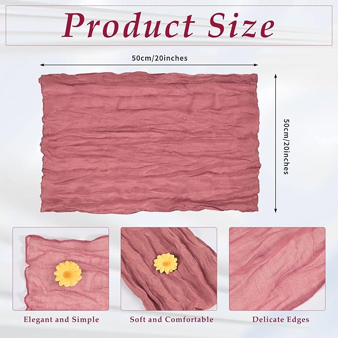 60 Pack Gauze Cheesecloth Napkins 20 x 20 Inch Wrinkled Dinner Napkins Rustic Boho Table Napkins Decorative Cloth Napkins for Weddings Parties Event Family Dinner Table Decoration (Dusty Rose)