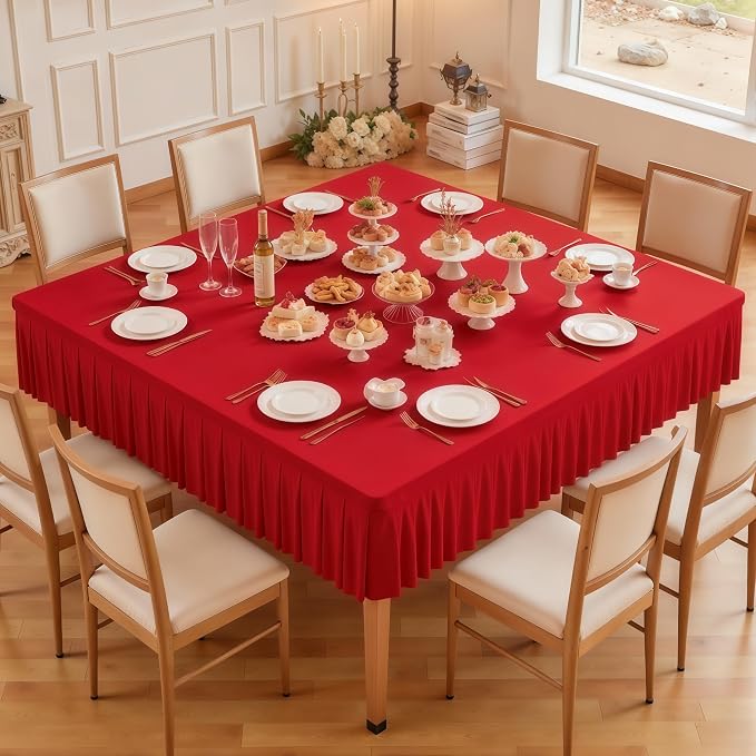 Wish Care Red Spandex Tablecloths for 60x60 Inch Square Tables, Stretch Fitted Table Clothes with Pleated Ruffle Skirt for 60” Table, Wrinkle Free and Elastic, for Party Kitchen Home Dining