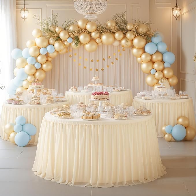 HB HBB MAGIC Champagne Round Tablecloth 48 inch Stretchy Elastic Fitted Round Table Cloth Cover 120 inch, Tulle Table Cloth with Skirt Wedding Birthday Party Cake Banquet Tables Decorations