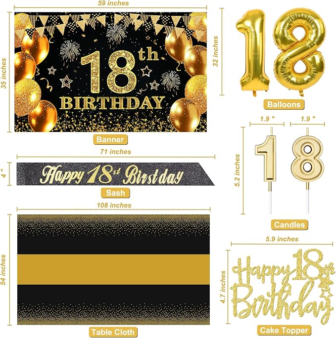 18th Birthday Decorations for Boys Girls with 18th Birthday Banner, Black and Gold Table Cloth, Number Balloons, Large Sash, Cake Topper and Candles