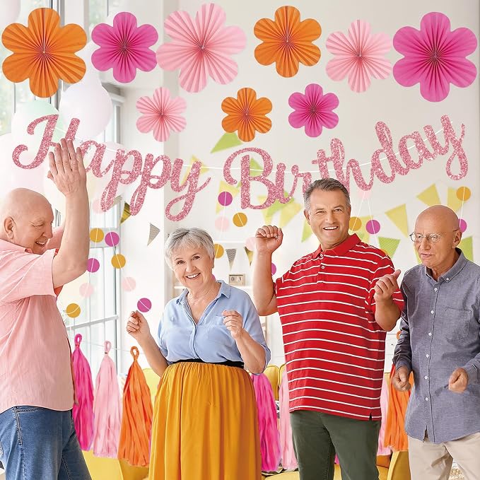 Roetyce Flower Birthday Decorations, Pink Happy Birthday Banner Paper Fan Tassel for Women, Orange Floral Themed Girls BDay Party Supplies, Boho Garland Photo Background Backdrop