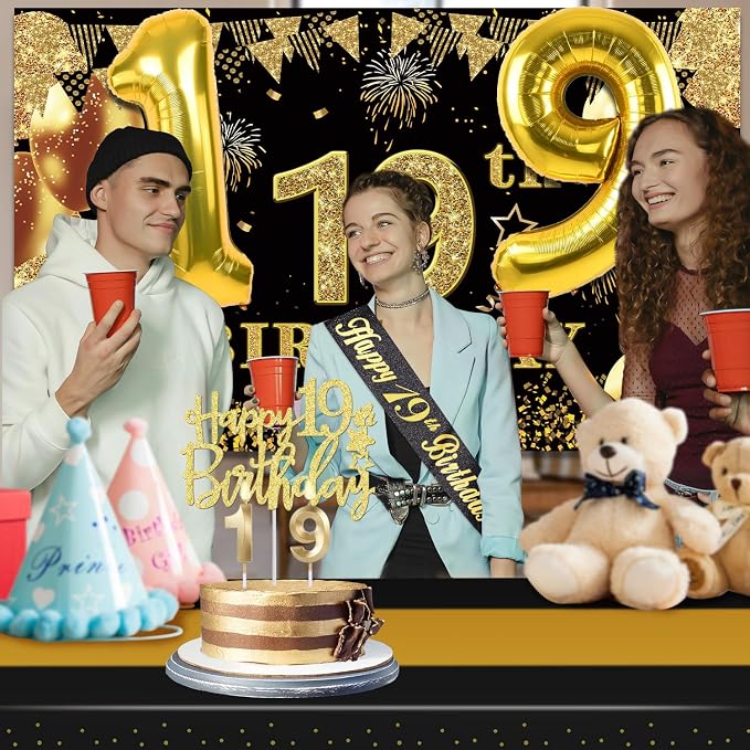 19th Birthday Decorations for Him Her with 19th Birthday Banner, Black and Gold Table Cloth, Number Balloons, Large Sash, Cake Topper and Candles