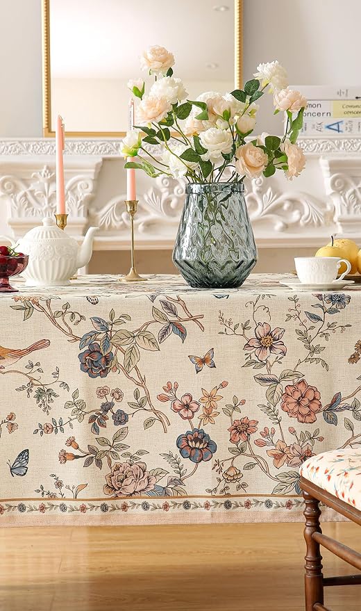 ISAENNE Designer French Linen Rectangular Tablecloth,71"x55"-Cornucopia | Vintage Elegant Table Cloth for Rectangle Table,Floral and Bird Pattern for Dining Kitchen Tea Party Thanksgiving,Decor