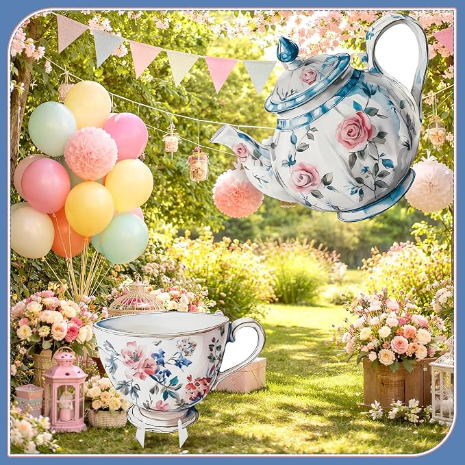 2 Pcs Large Wonderland Tea Party Decoration 23'' x 27'' Wonderland Garden Yard Sign Life Size Teapot Teacup Cardboard Cutout Stand Vintage Photo Prop for Birthday Wedding Bridal Shower Decor