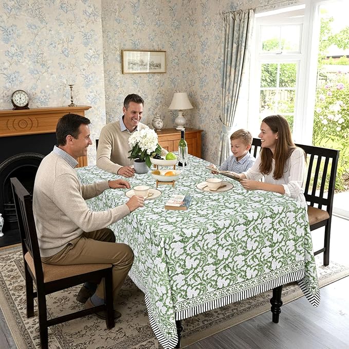 Ridhi Sage Green 60x90 Inches Rectangle 100% Cotton Hand Block Print Tablecloth Washable Easter Thanksgiving/Christmas Parties/Wedding Use,Fall décor Farmhouse Dining Dinner Tablecloth