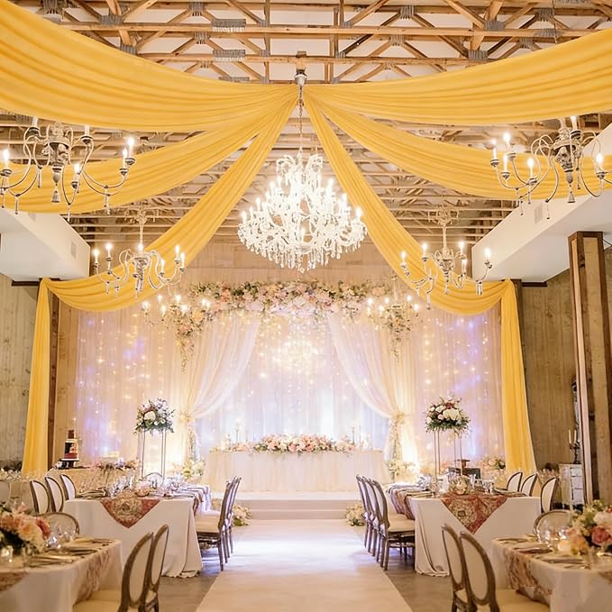 DUOBAO Chiffon Ceiling Drapes 20FT 6 Panels Gold Sheer Wedding Backdrop Curtains for Indoor Events Banquet Hall Tent Drapery Soft Draping Fabric for Arches Christmas and Photography