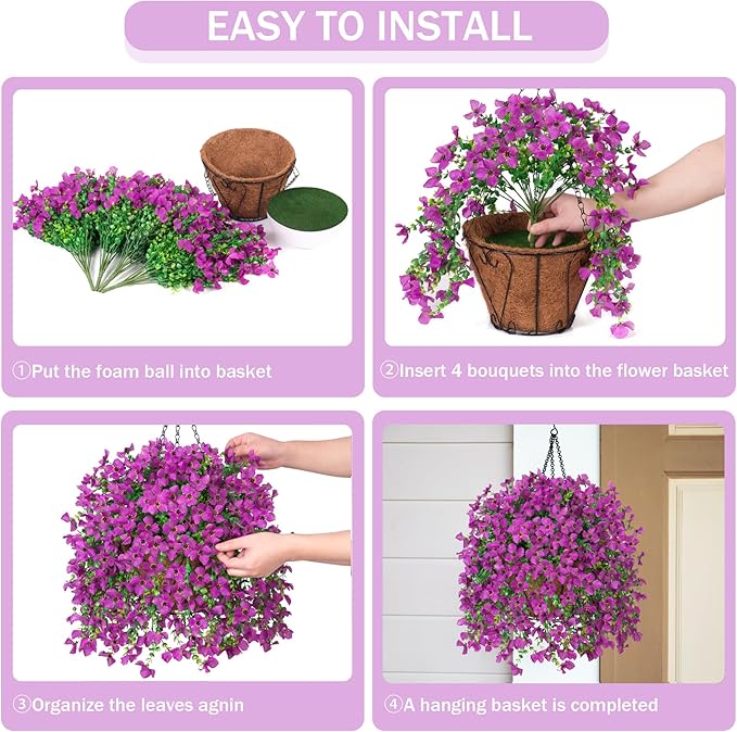 INXUGAO Artificial Hanging Flowers Plants with Basket for Outdoors, Realistic Faux Silk Daisy Flower Eucalyptus for Spring Decor, UV Resistant Fake Plants for Porch Patio Yard Balcony, Purple