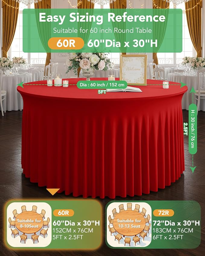 6 Pack Spandex Table Cover Skirts for 60 inch Round Tables, Red Stretch Table Cloths with Floor-Length Ruffle, Elastic Fitted Skirted Tablecloth for Elegant Wedding Banquet Party Buffet Decoration