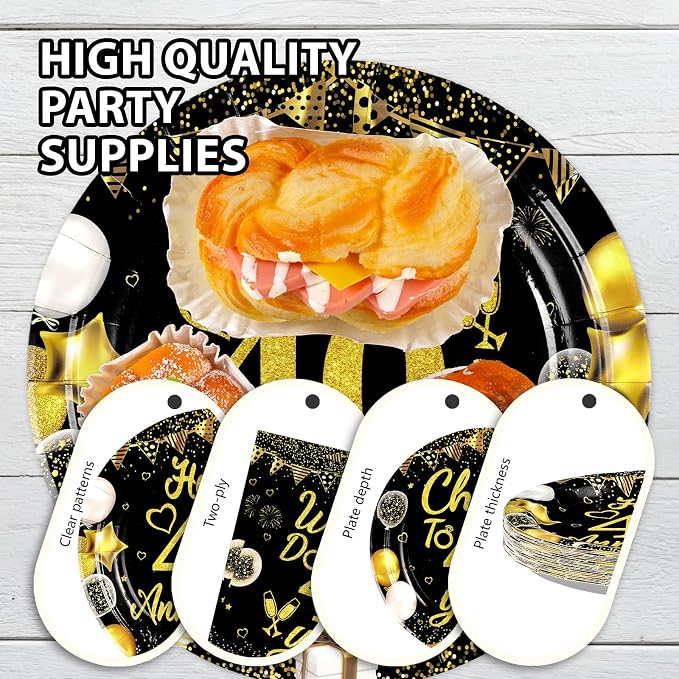 96Pcs 40th Wedding Anniversary Party Supplies Happy 40 Years Anniversary Plates and Napkins Black Gold Wedding Tableware Set for Cheers to 40 Years Party Supplies Serves 24