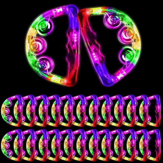 Yunsailing 24 Pack LED Light up Tambourines Musical Flashing Tambourine Toys Handheld Percussion Instrument Glow in The Dark Party Supplies for Teenagers Adults Wedding Party Favors