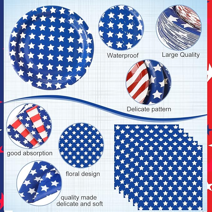 Funnymoom 452 Pcs Memorial Day Party Decoration for 50, 4th of July Patriotic Paper Plates Napkins Cups Tablecloth Cutlery Straw White Red Blue Tableware for 250th Aniversary Supplies