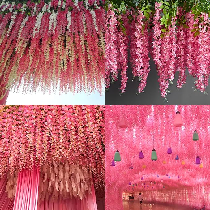 36 Pack Artificial Wisteria Hanging Flowers Fake Wisteria Flower Garland Silk Vines Rattan Decor for Home Wedding Arch Wall Garden Greenery Bedroom Outdoor Office Party Decoration (Dark Pink)