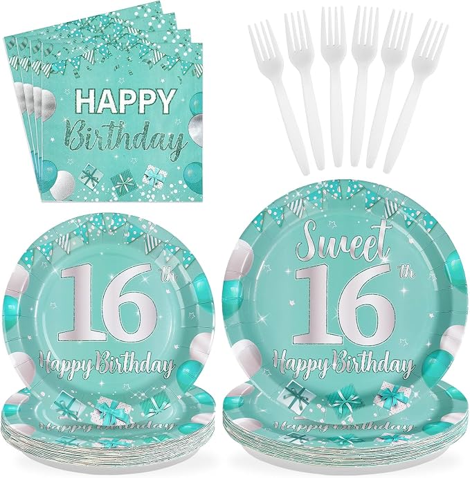 96Pcs Teal 16th Birthday Party Supplies Teal and Silver Sweet 16 Plates and Napkins Tableware Sets Sixteen Party Decorations for Teens Boys and Girls 16 Years Old Birthday Supplies Serves 24