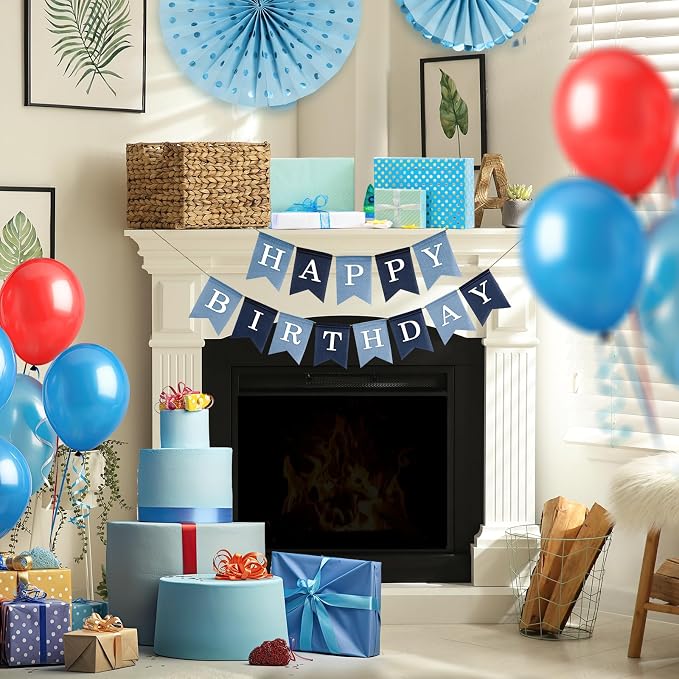 Pre-Strung Blue Happy Birthday Banner, No DIY Burlap Banner, Colorful Party Decorations for Boys, Reusable Fabric, Ready to Hang Birthday Decor