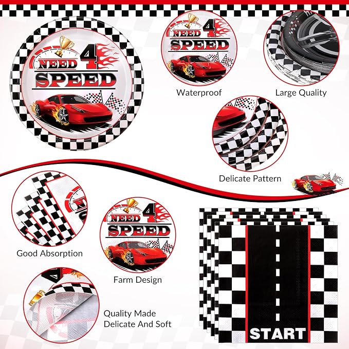 LemonRoad 452 Pcs Need Four Speed Birthday Decorations 4th Race Car Party Tableware Disposable Paper Plates and Napkins Set Need 4 Speed Decorations for Boy Kids Race Car 4 Years Birthday