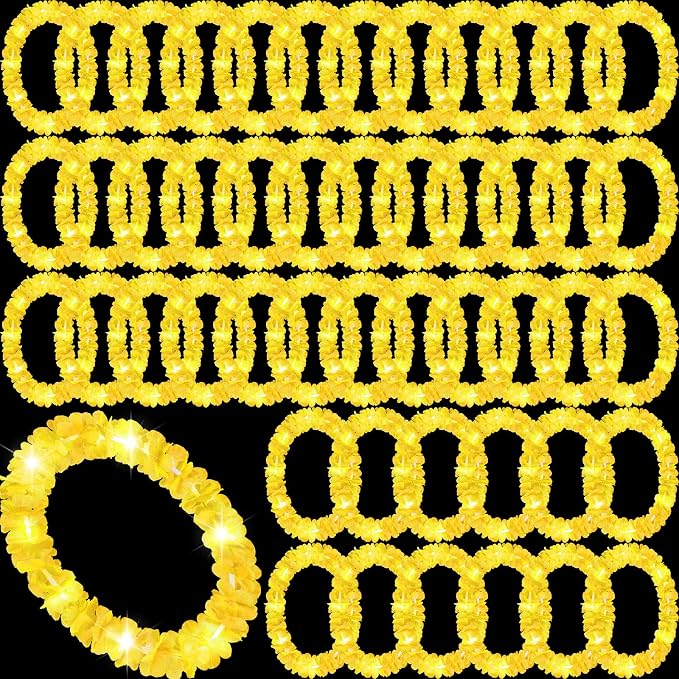 Sherr 48 Pcs LED Hawaiian Leis Light up Flower Leis Necklace with LED Lights Luau Flowers Necklaces for Masquerade Beach Wedding Tropical Themed Party Supplies (Yellow)