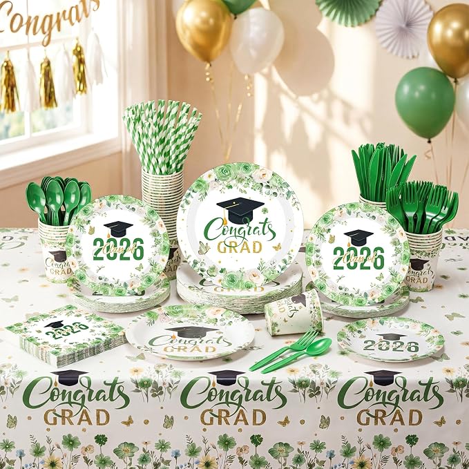 Funnymoom 452 Pcs Class of 2026 Green Gold Floral Graduation Decoration for 50, Sage Green Congrats Grad Paper Plates Napkins Cup Tablecloth Cutlery Straw for Graduated Decoration Party Supply