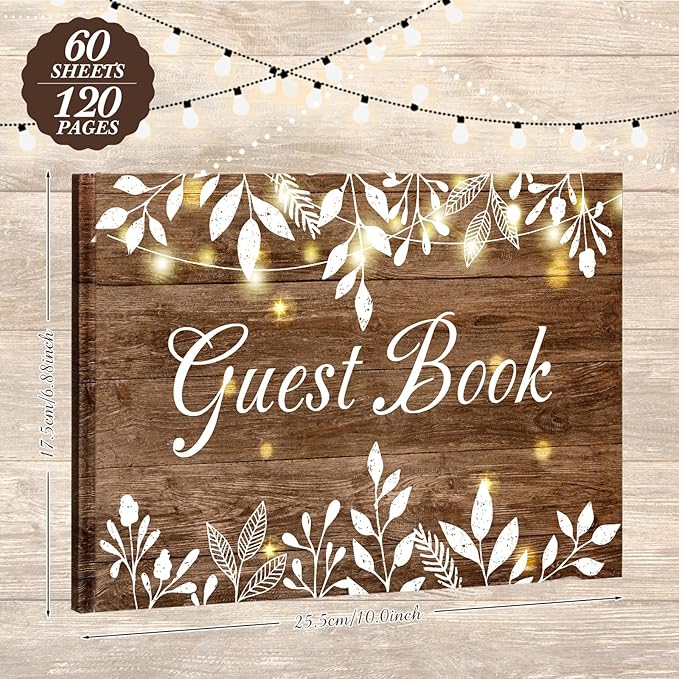 Wood Grain Wedding Guest Book with Pen for Wedding Decor Birthday Rustic Leaves Visitors Book for Anniversary Funeral White Leaves Bridal Shower Wood Grain Guestbook Signing Rustic Decor