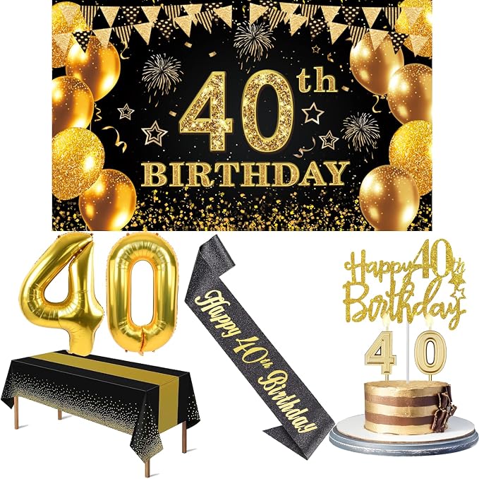 40th Birthday Decorations Men Women with 40th Birthday Banner, Black and Gold Table Cloth, Number Balloons,Large Sash, Cake Topper and Candles