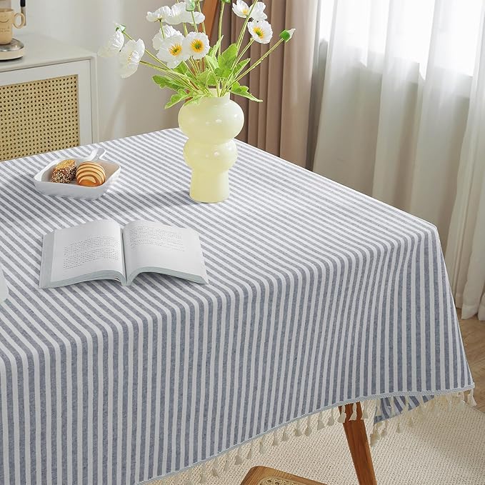 meioro Table Cloth Blue Striped Tablecloth Tassels Cotton Linen Dust-Proof Table Cover for Dining Coffee Buffet Kitchen Picnic Tables Parties Tablecloths(52 x 70 Inch, Blue)
