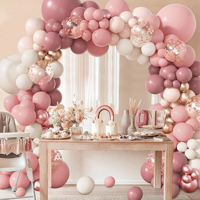 Amandir 173Pcs Dusty Rose Pink Nude Balloon Garland Arch Kit, 18In Retro Blush Peach Mauve White Sand Gold Confetti Balloons for Monther Day Shower Wedding Boho Birthday Party Decorations