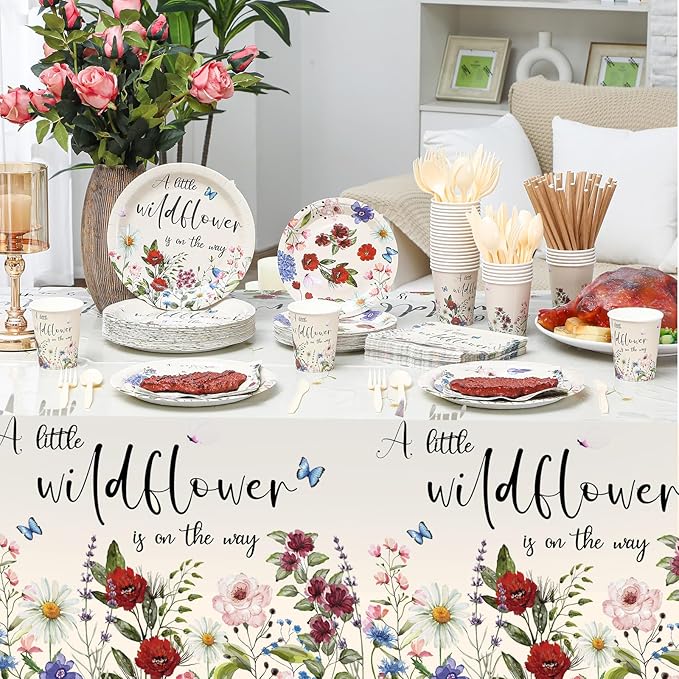 452 Pcs Wildflower Baby Shower Party Supplies for 50 Guest, Vintage a Little Wildflower Is on the Way Paper Plates Napkins Cups Tablecloth Cutlery Straws for Spring Summer Baby Shower Party Decoration