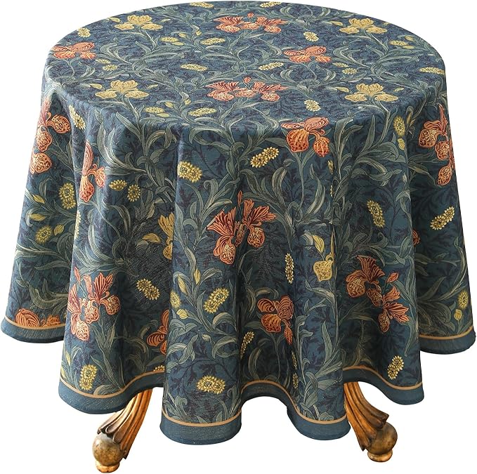 patdrea Vintage French Linen Tablecloth,Round,Diameter 67"-Herbert C | Elegant Table Cloth for Round Table,Navy Blue Floral Patterned,Dining Room Tea Party Thanksgiving Coffe Table