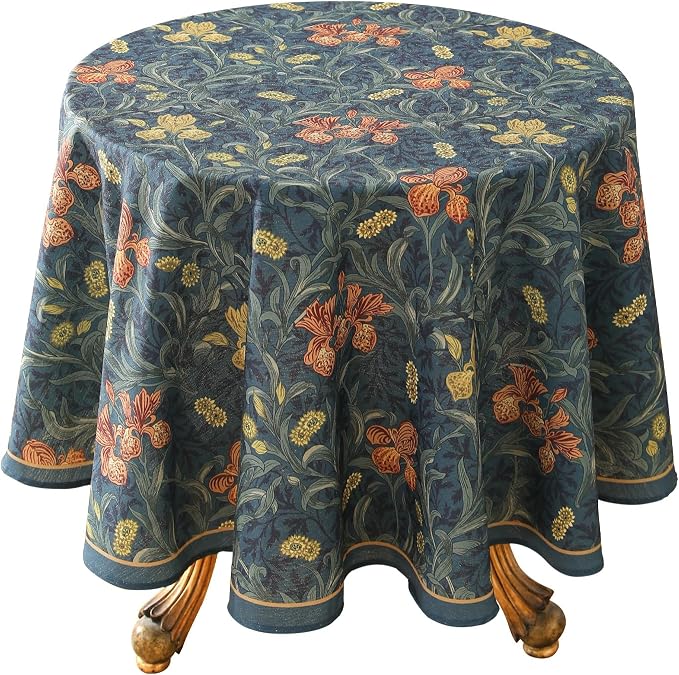 patdrea Vintage French Linen Tablecloth,Round,Diameter 55"-Herbert C | Elegant Table Cloth for Round Table,Navy Blue Floral Patterned,Dining Room Tea Party Thanksgiving Coffe Table
