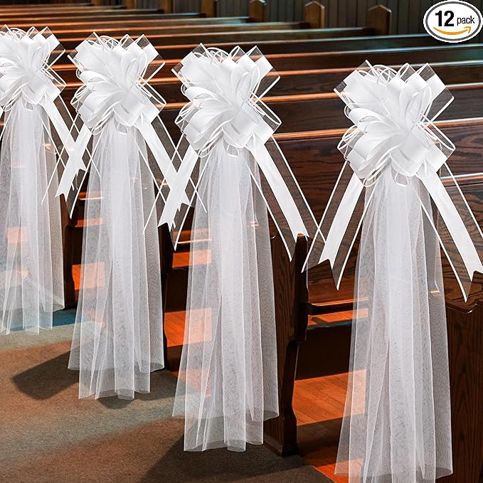 12 Set Large Wedding Pew Bows with Long Tulle Tails Church Chair Aisle Decorations Wedding Car Decoration Big Bows for Bridal Shower Reception Birthday Anniversary (White)