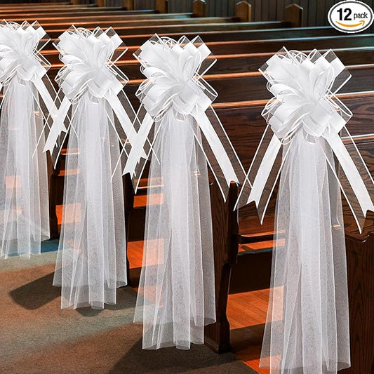 12 Set Large Wedding Pew Bows with Long Tulle Tails Church Chair Aisle Decorations Wedding Car Decoration Big Bows for Bridal Shower Reception Birthday Anniversary (White)