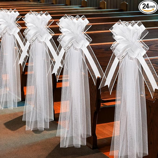 24 Set Large Wedding Pew Bows with Long Tulle Tails Church Chair Aisle Decorations Wedding Car Decoration Big Bows for Bridal Shower Reception Birthday Anniversary (White)