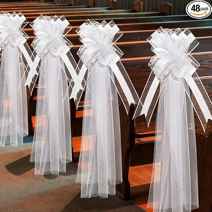 48 Set Large Wedding Pew Bows with Long Tulle Tails Church Chair Aisle Decorations Wedding Car Decoration Big Bows for Bridal Shower Reception Birthday Anniversary (White)