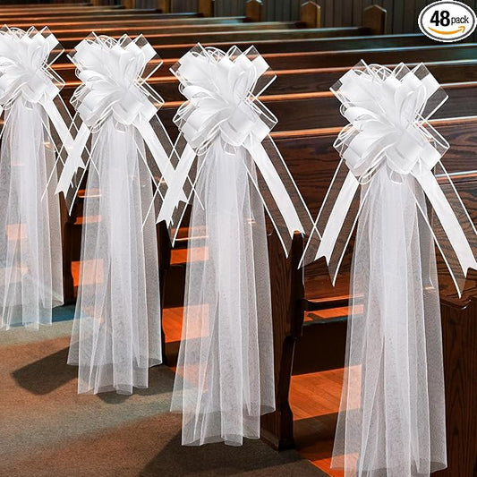 48 Set Large Wedding Pew Bows with Long Tulle Tails Church Chair Aisle Decorations Wedding Car Decoration Big Bows for Bridal Shower Reception Birthday Anniversary (White)