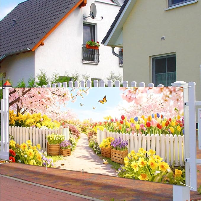 Garden Garage Door Banner Cover 7x16ft Waterproof -Cherry Blossom Floral Backdrop with Butterflies,Spring Easter Wedding Decor,Photo Booth Background