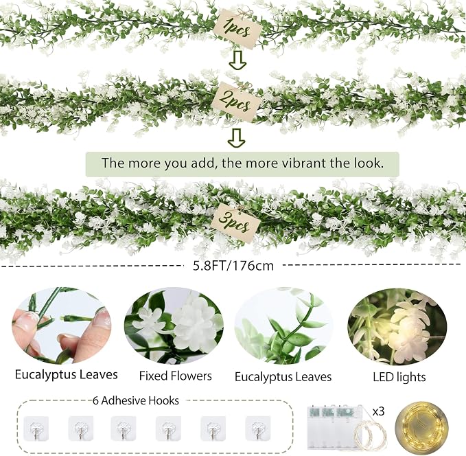 RECUTMS Greenery Vines Garland 3 Pack Artifical Garland with Lights Hanging Greenery Table Garland Greenery Artificial Green Leaves for Mantel Wedding Backdrop Arch Wall Indoor Outdoor Decor(White)