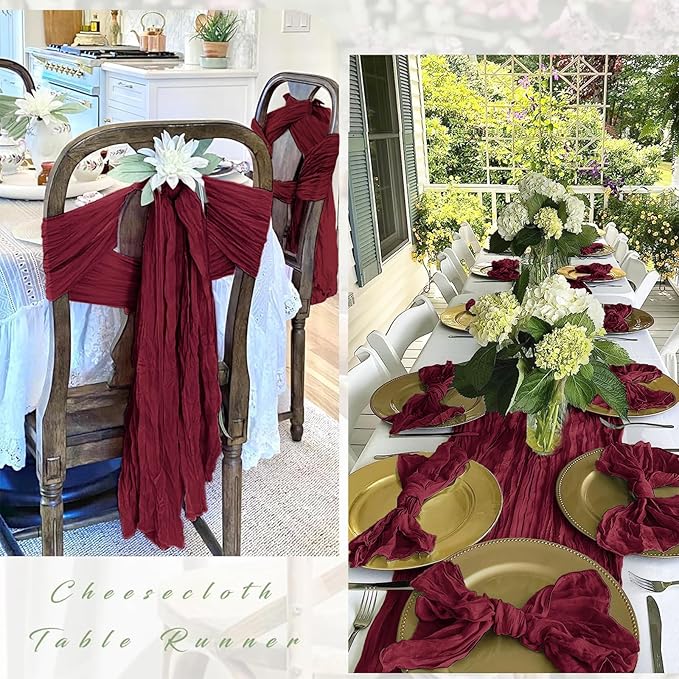 25 Pack Burgundy Red Cheesecloth Table Runner 17 x 108 Inch Gauze Table Runner Fabric Semi Sheer Cheese Cloth Table Decor Bulk for Rustic Romantic Wedding Baby Shower Table Decoration